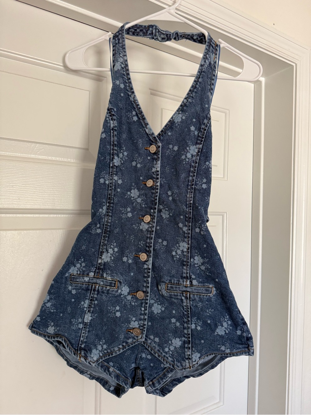 Floral Denim Romper - Blue